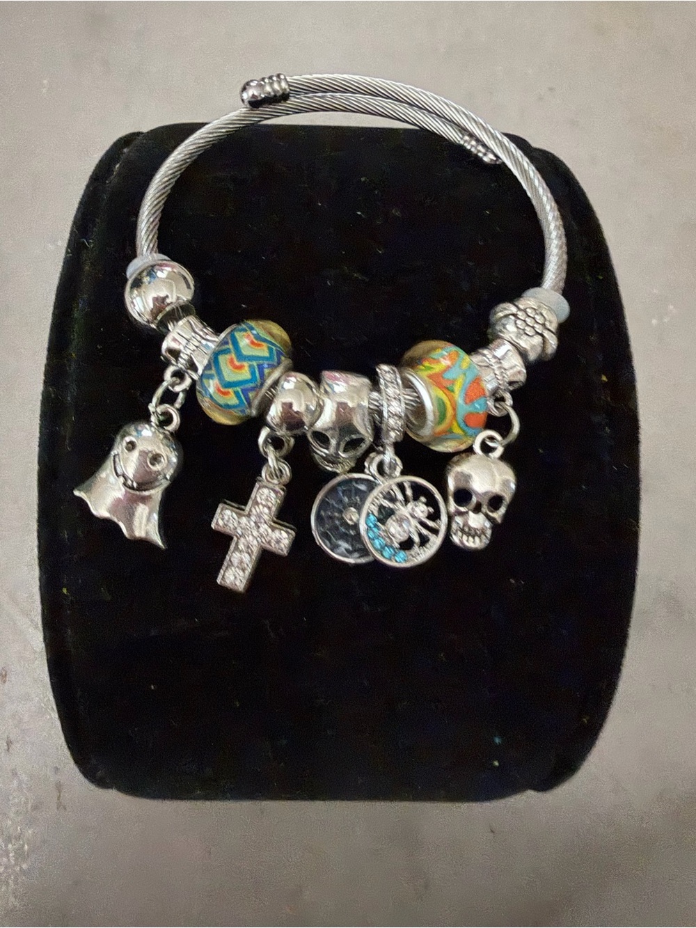 Sterling Silver Bangle Bracelet with Multicolor Beads